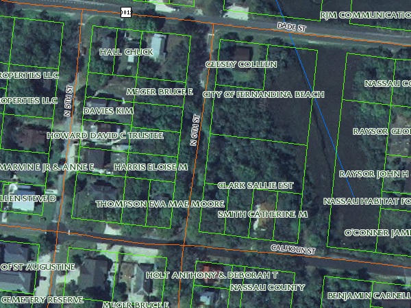 Florida Parcel Outlines with Owner Names overlaid on Aerial