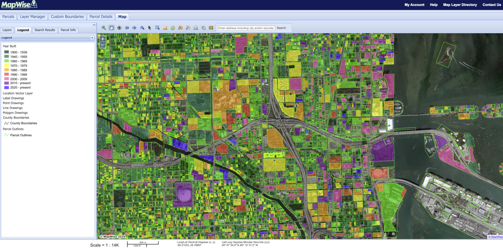Year built by parcel overlaid on high-resolution aerial photo.