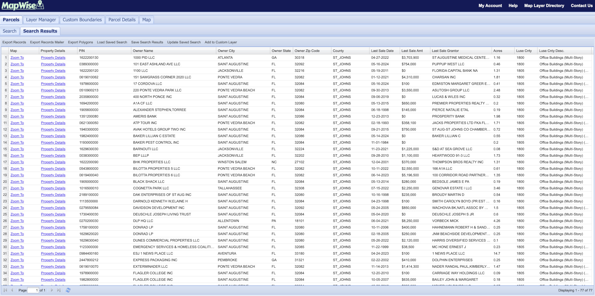 Parcel search results in a sortable table