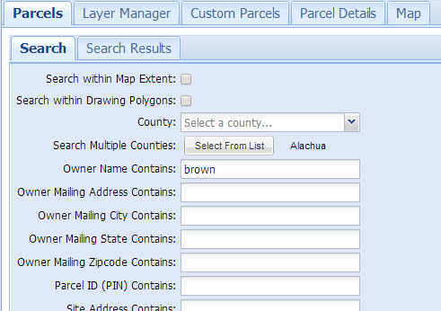 Parcel search form provides 30+ parameters to find properties in Florida