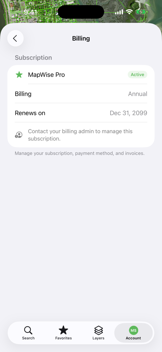 The Billing screen in the MapWise app: MapWise Pro, Active, Annual, Renews on, and a note to contact your billing admin.