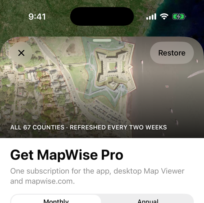 The top of the Get MapWise Pro sheet in the MapWise app, with the Restore button in the top right.