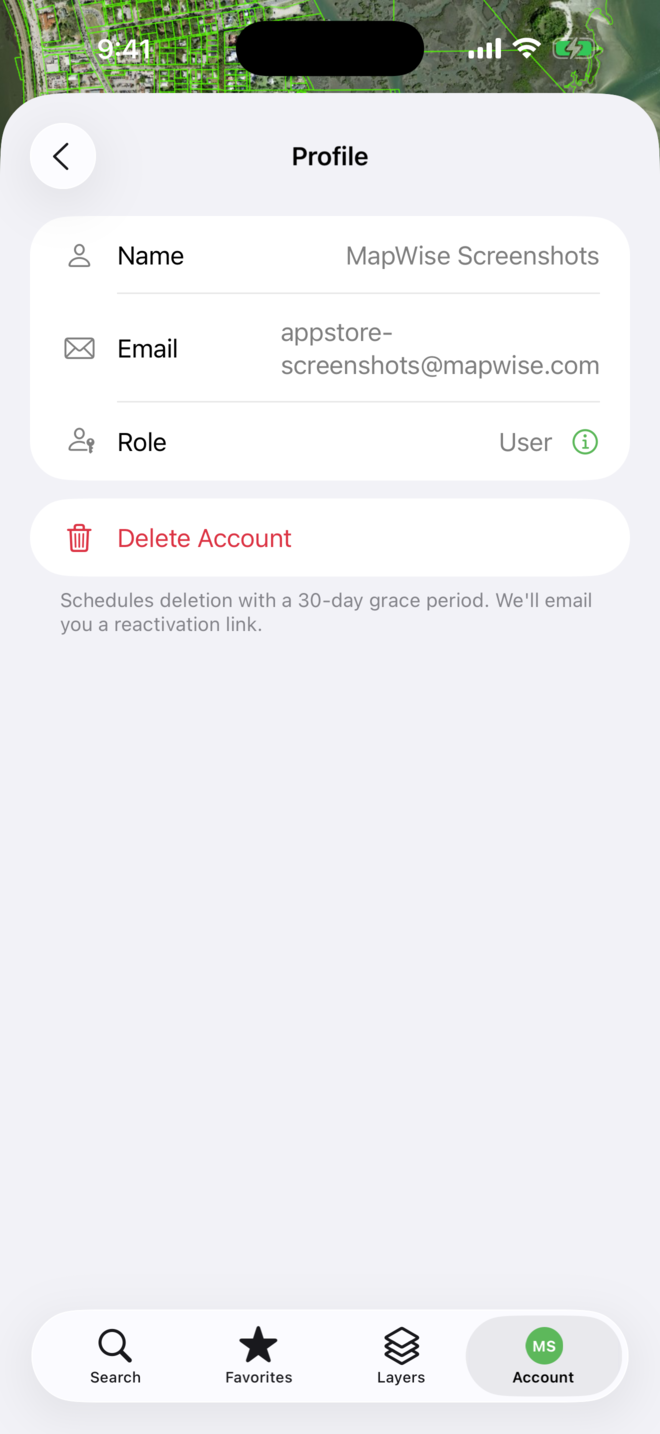 The Profile screen in the MapWise app: Name, Email, Role, and the Delete Account button with the note that deletion is scheduled with a 30-day grace period.