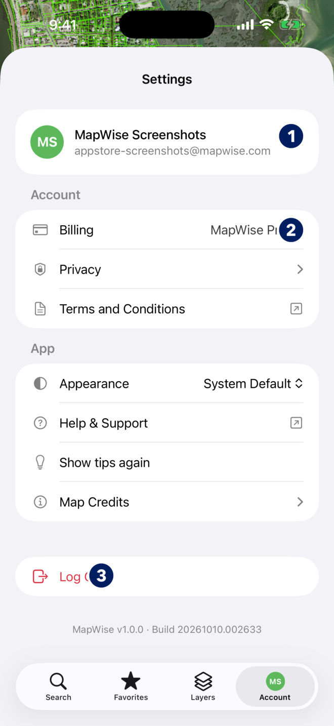 The Settings tab in the MapWise app with numbered callouts: 1 the profile row, 2 Billing showing MapWise Pro, 3 Log Out.