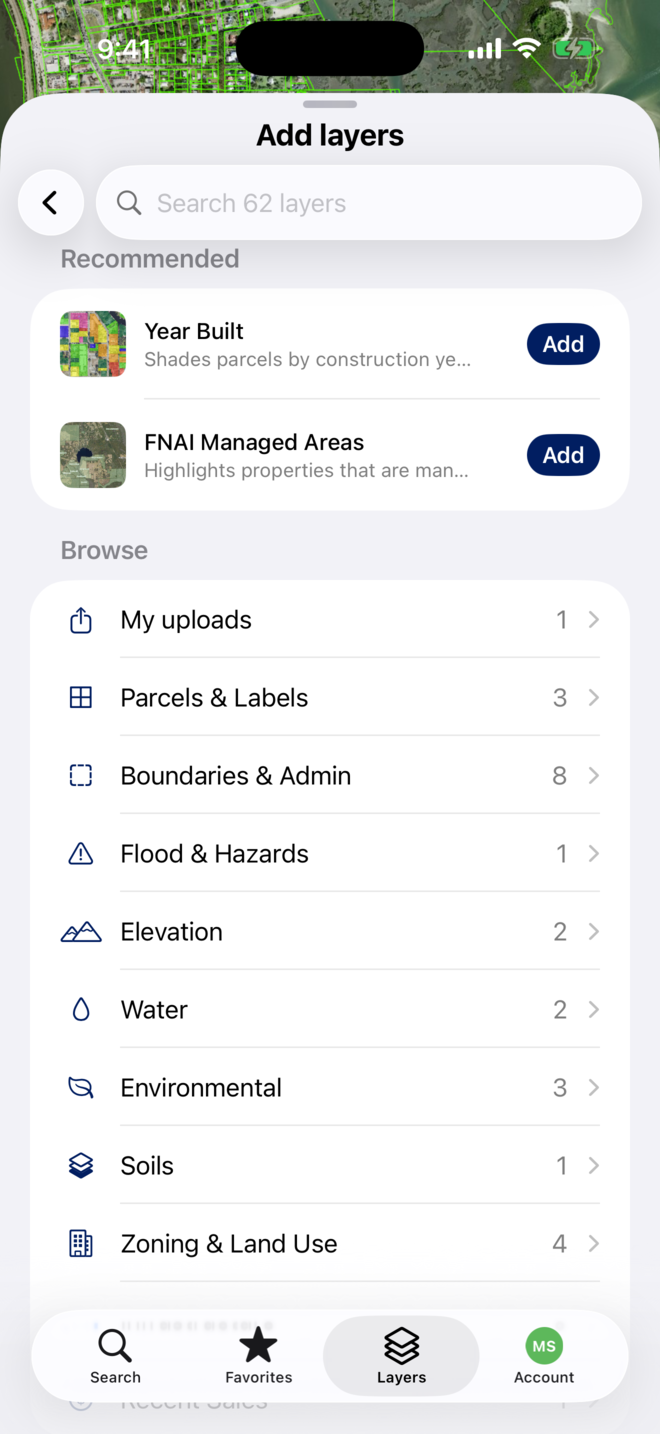 The Add layers screen in the MapWise app: Search 62 layers, Recommended layers with Add buttons, and Browse groups from My uploads to Zoning &amp; Land Use.