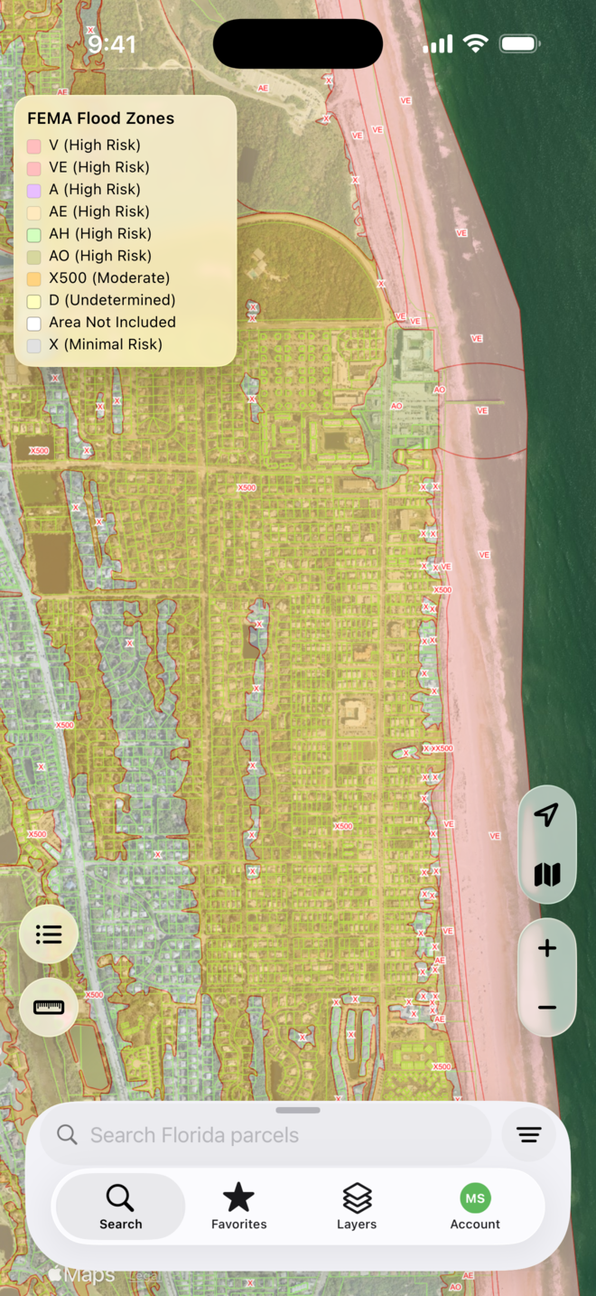 FEMA flood zones drawn over the coast in the MapWise app, with the zone legend in the top left.