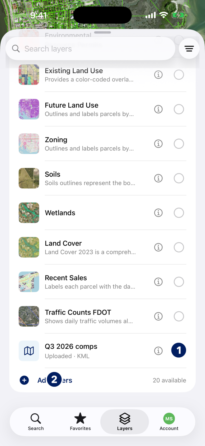 The end of the Layers list in the MapWise app with numbered callouts: 1 the Q3 2026 comps upload turned on, 2 the Add layers button with 20 available.