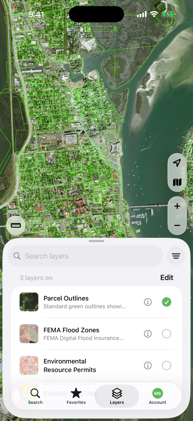 The Layers tab in the MapWise app showing 3 layers on, with Parcel Outlines checked and FEMA Flood Zones and Environmental Resource Permits off.