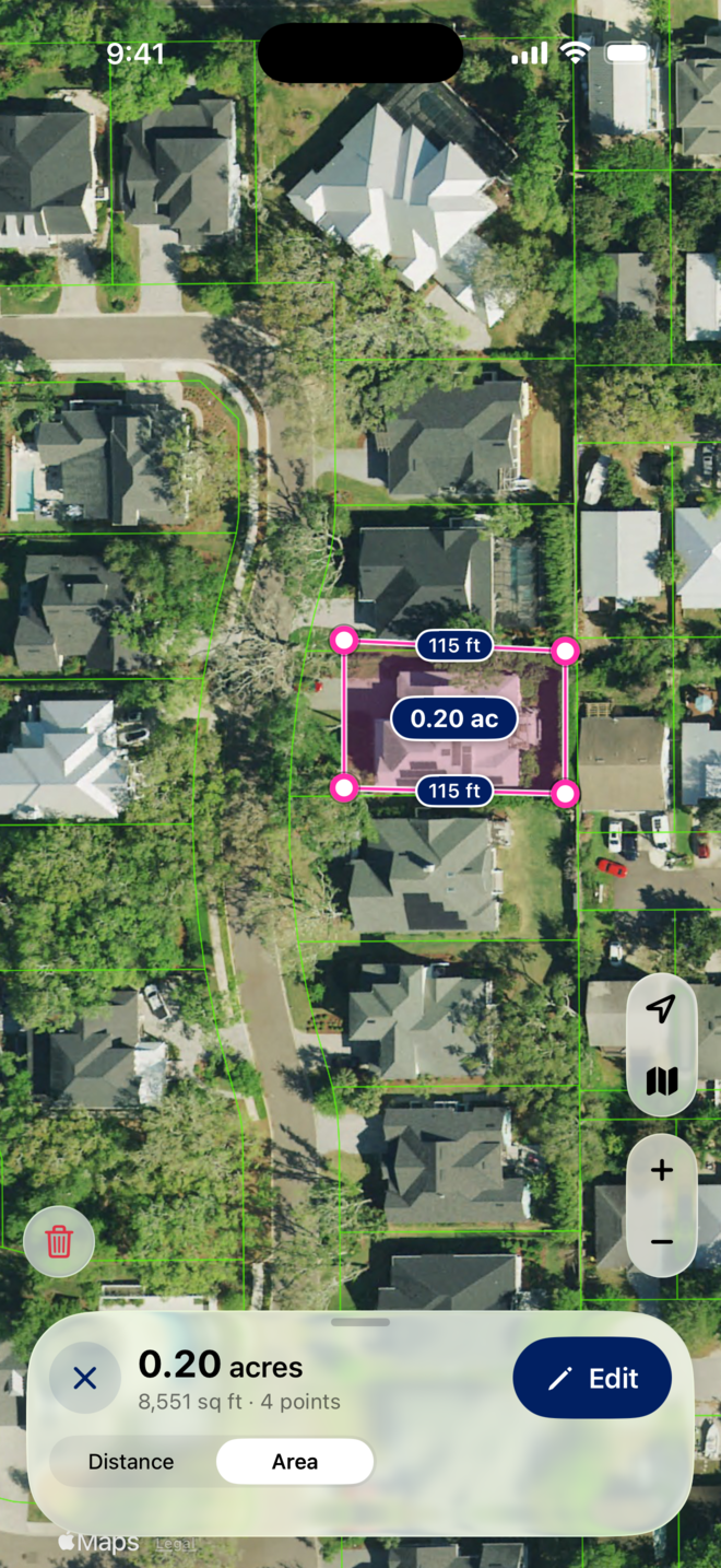 An area measured on the aerial in the MapWise app: a shaded parcel-sized rectangle with 115 ft sides, 0.20 ac in the middle, and a bar reading 0.20 acres, 8,551 sq ft, 4 points.