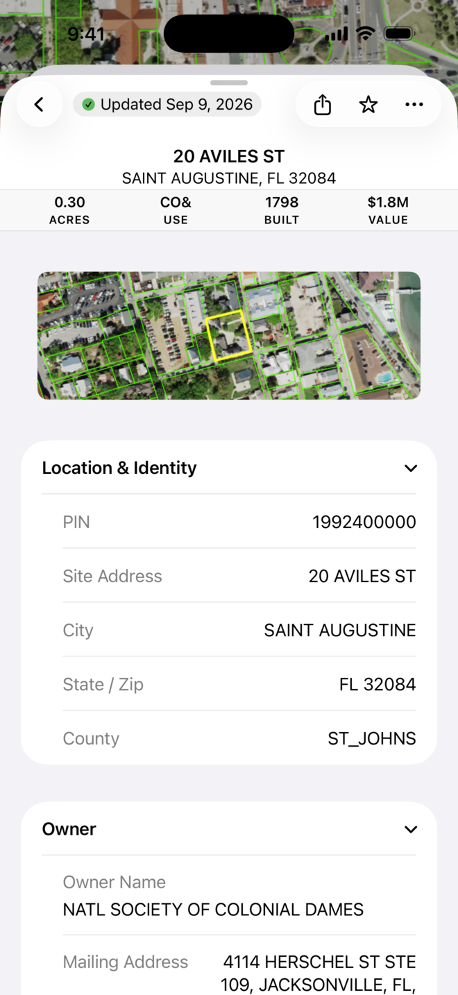 The full parcel record in the MapWise app: Updated Sep 9, 2026, 20 Aviles St, acres, use, built and value, an aerial thumbnail, then Location &amp; Identity and Owner sections.