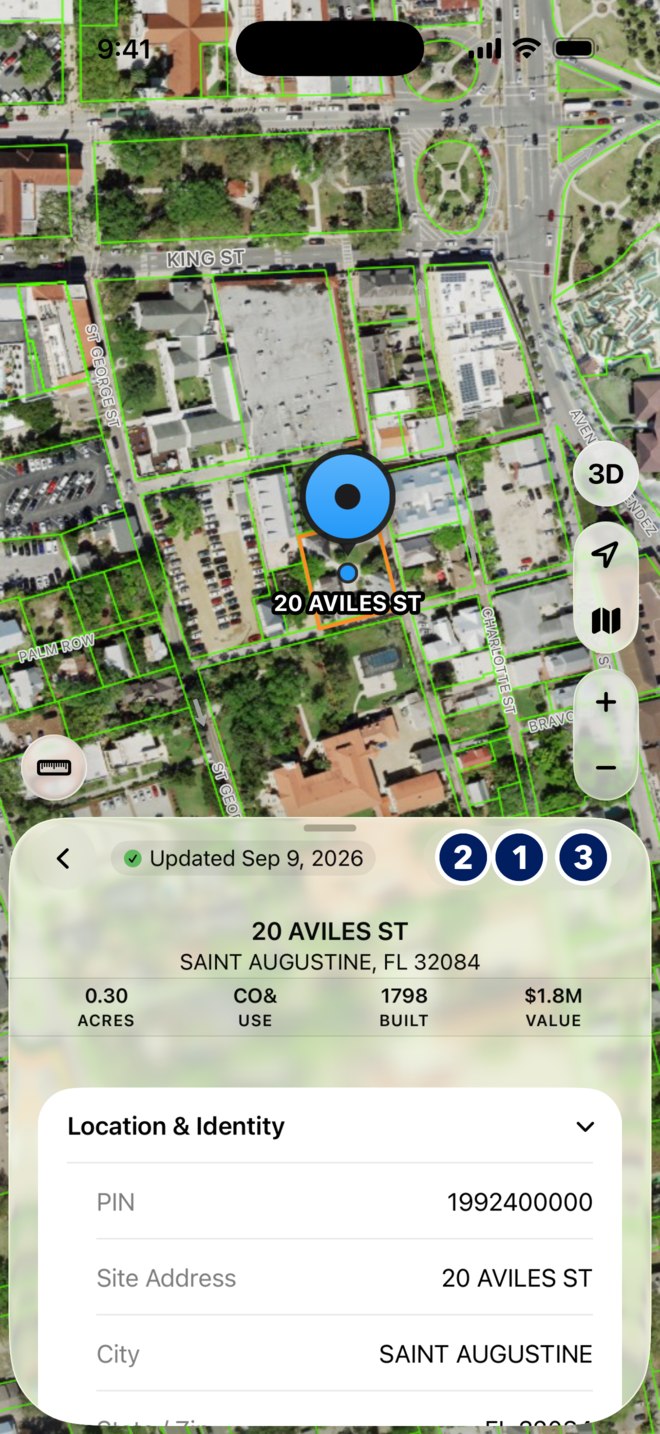 A parcel selected at 20 Aviles St in the MapWise app, with numbered callouts on the sheet header: 1 the star to save a favorite, 2 share, 3 more actions.