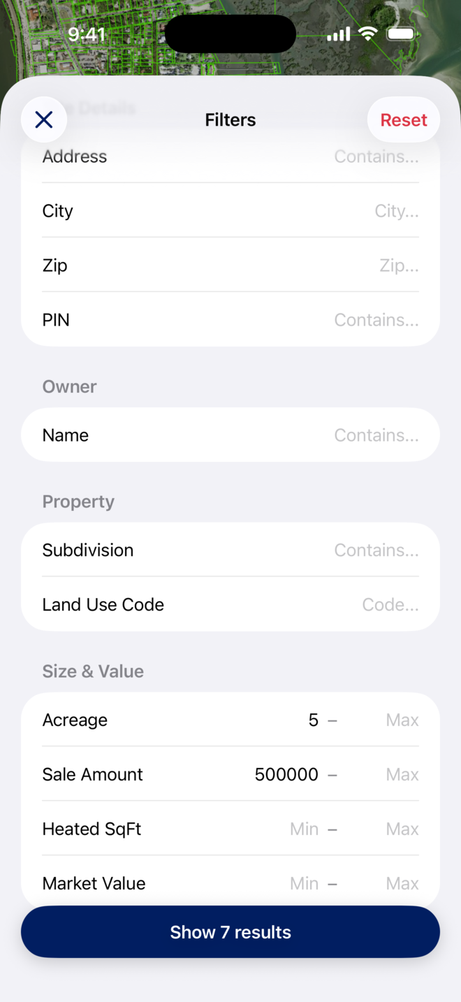 The Filters sheet in the MapWise app: Address, City, Zip, PIN, Owner Name, Subdivision, Land Use Code, Acreage, Sale Amount, Heated SqFt and Market Value, with a Show 7 results button.