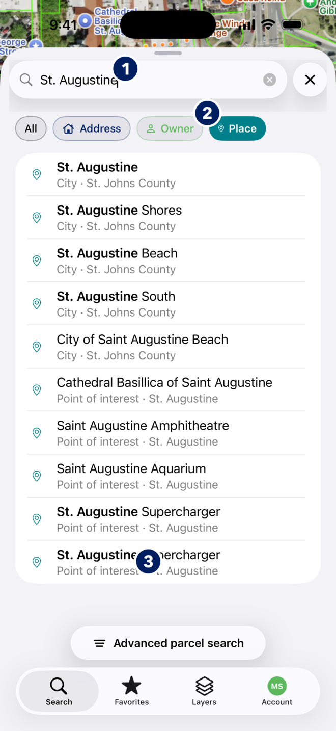 Searching St. Augustine in the MapWise app, with numbered callouts: 1 the search field, 2 the Place chip, 3 the Advanced parcel search button.