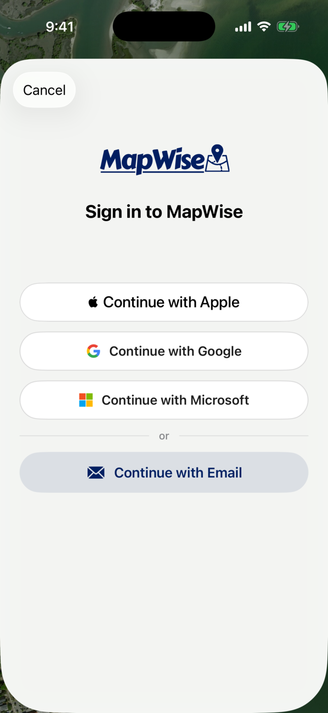 The Sign in to MapWise sheet with Continue with Apple, Google, Microsoft and Email buttons.