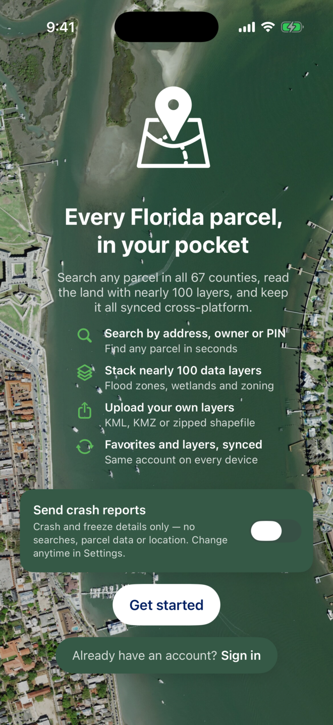 The MapWise app welcome screen: Every Florida parcel, in your pocket, with Get started and Sign in buttons and the crash reports switch.