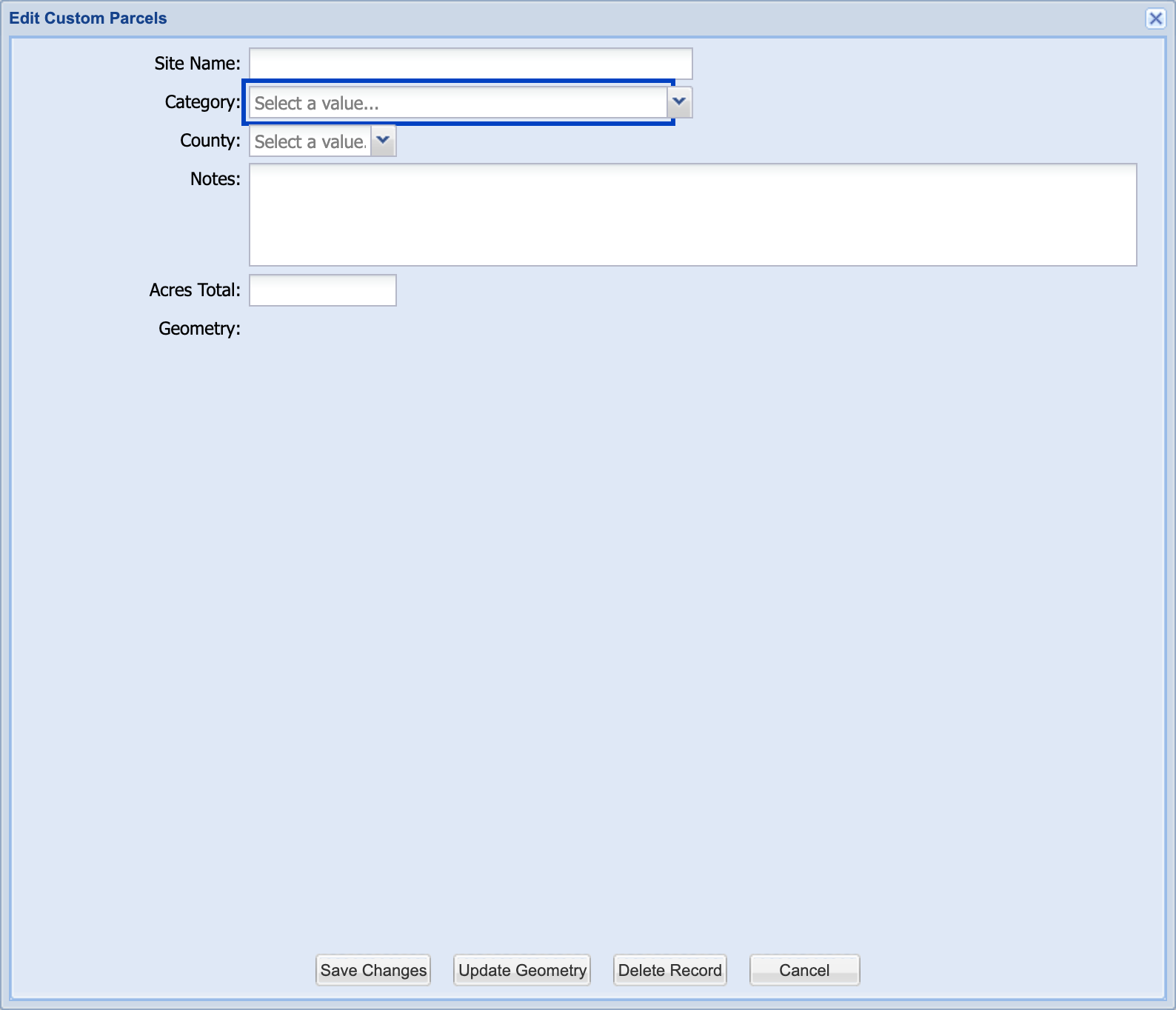 Edit Custom Parcels form with Site Name, Category, County, Notes, and Acres Total fields, and the Category dropdown highlighted.