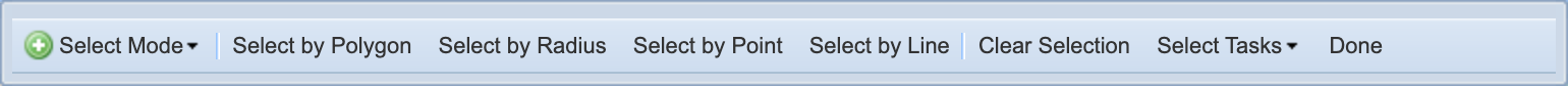 Select Parcels toolbar open on the map, showing the four selection methods: Select by Polygon, Select by Radius, Select by Point, and Select by Line.