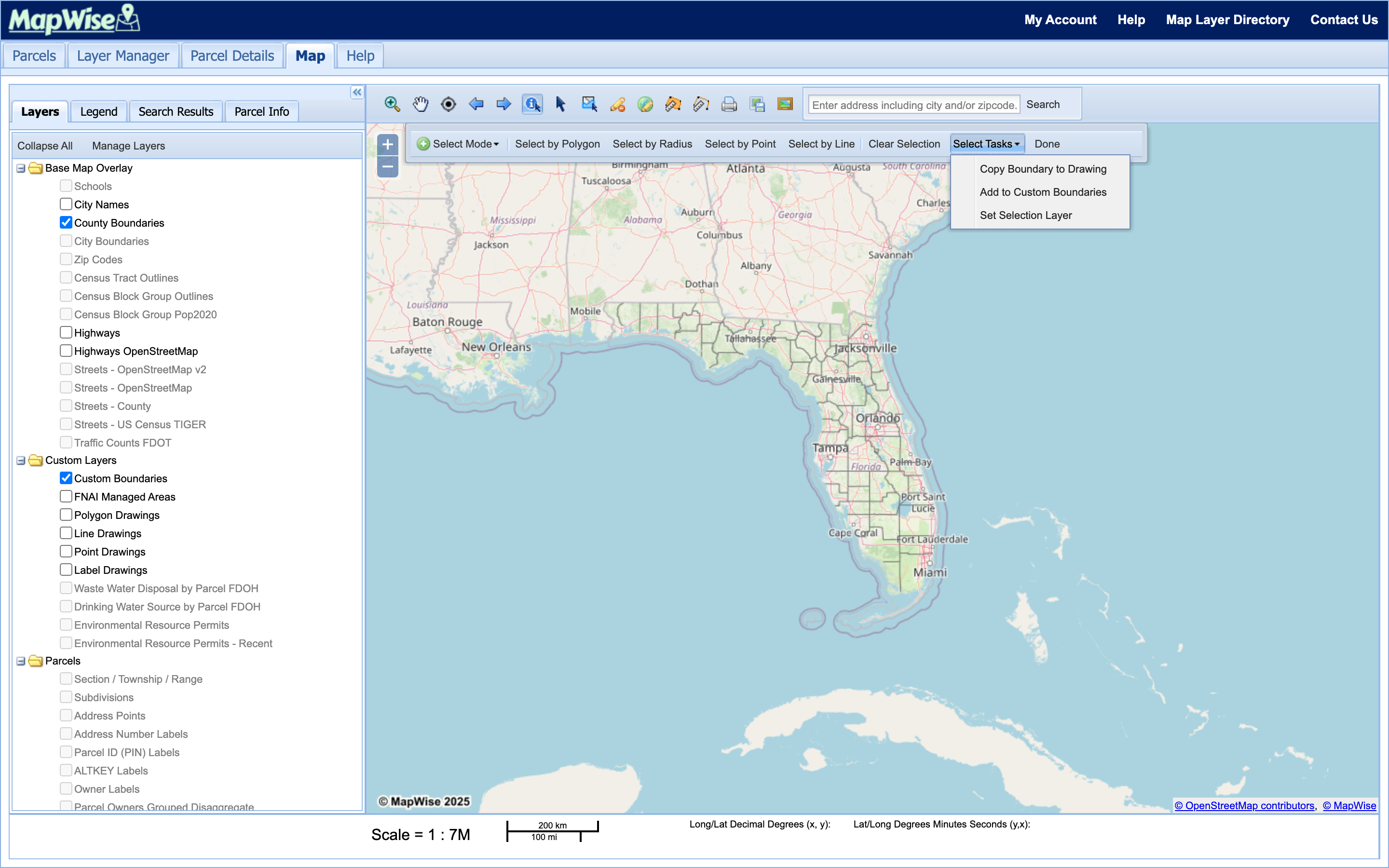 Select Tasks menu open, listing Copy Boundary to Drawing, Add to Custom Boundaries, and Set Selection Layer.