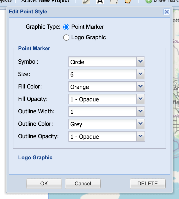 The Edit Point Style window open over the map: Graphic Type radio (Point Marker or Logo Graphic) above the seven Point Marker fields, with OK, Cancel, and DELETE buttons.