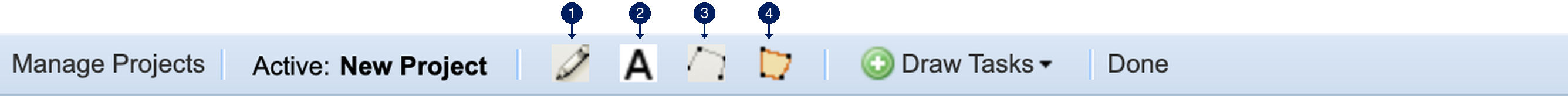 MapWise drawing toolbar with numbered callouts on its four icon-only buttons: 1 Draw Point, 2 Draw Label, 3 Add Lines, 4 Add Polygons.