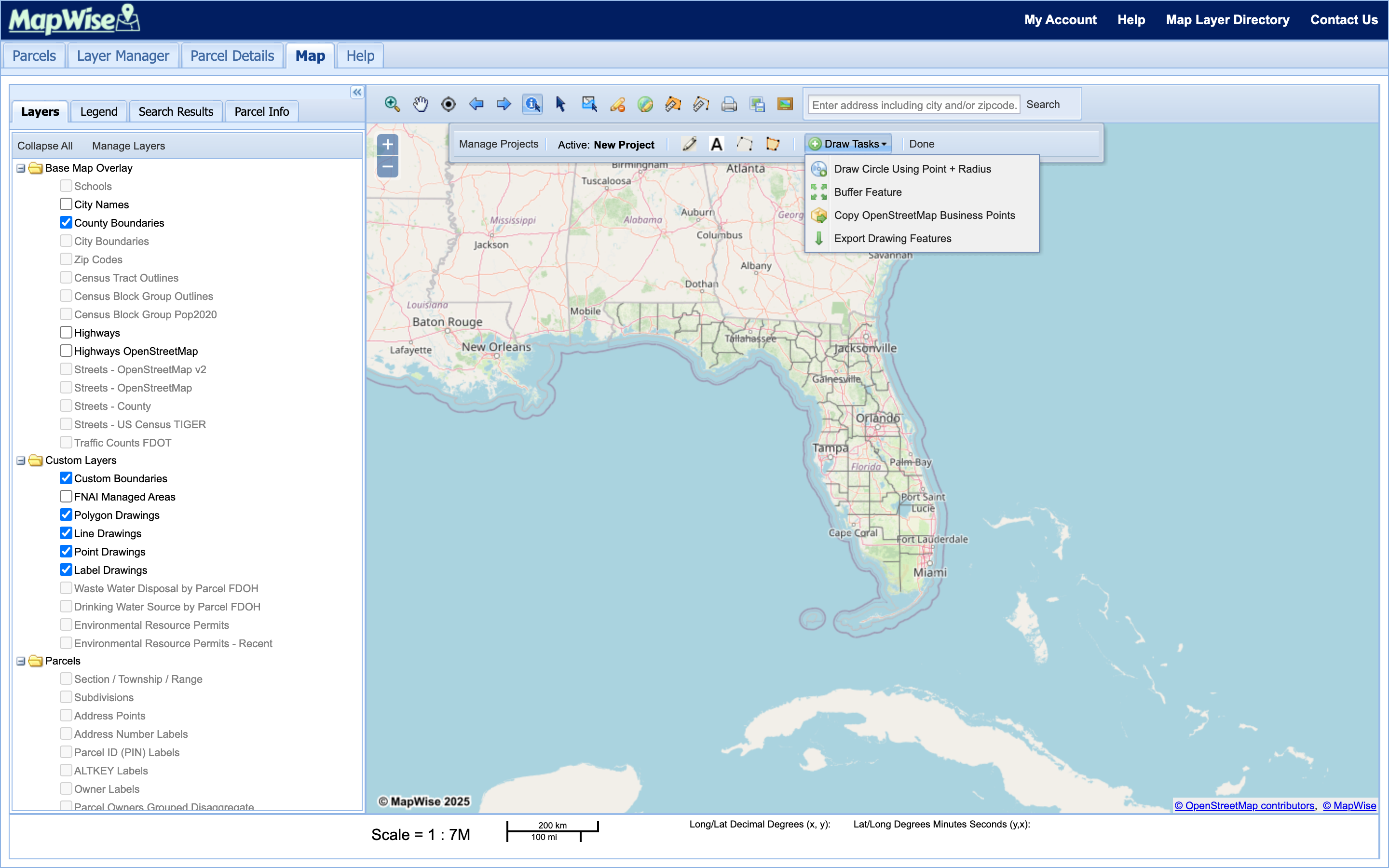 Draw Tasks menu open showing all four options: Draw Circle Using Point + Radius, Buffer Feature, Copy OpenStreetMap Business Points, and Export Drawing Features.