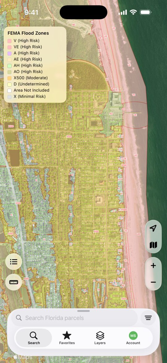 The MapWise app showing FEMA flood zones with the legend