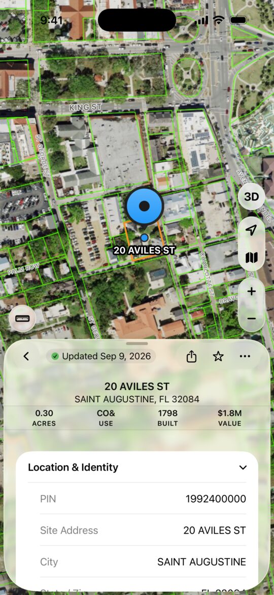 The MapWise app on iPhone: an aerial with parcel lines and a parcel selected