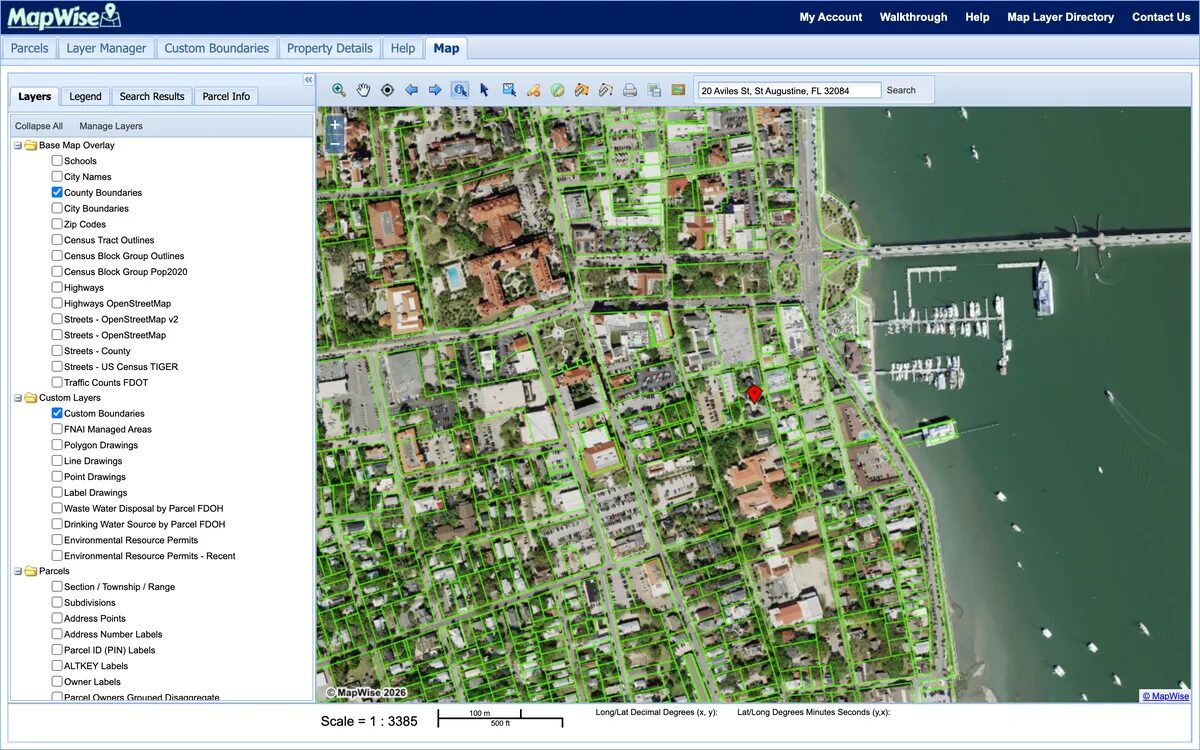 The GIS Map Viewer showing St. Augustine on the aerial with parcel lines