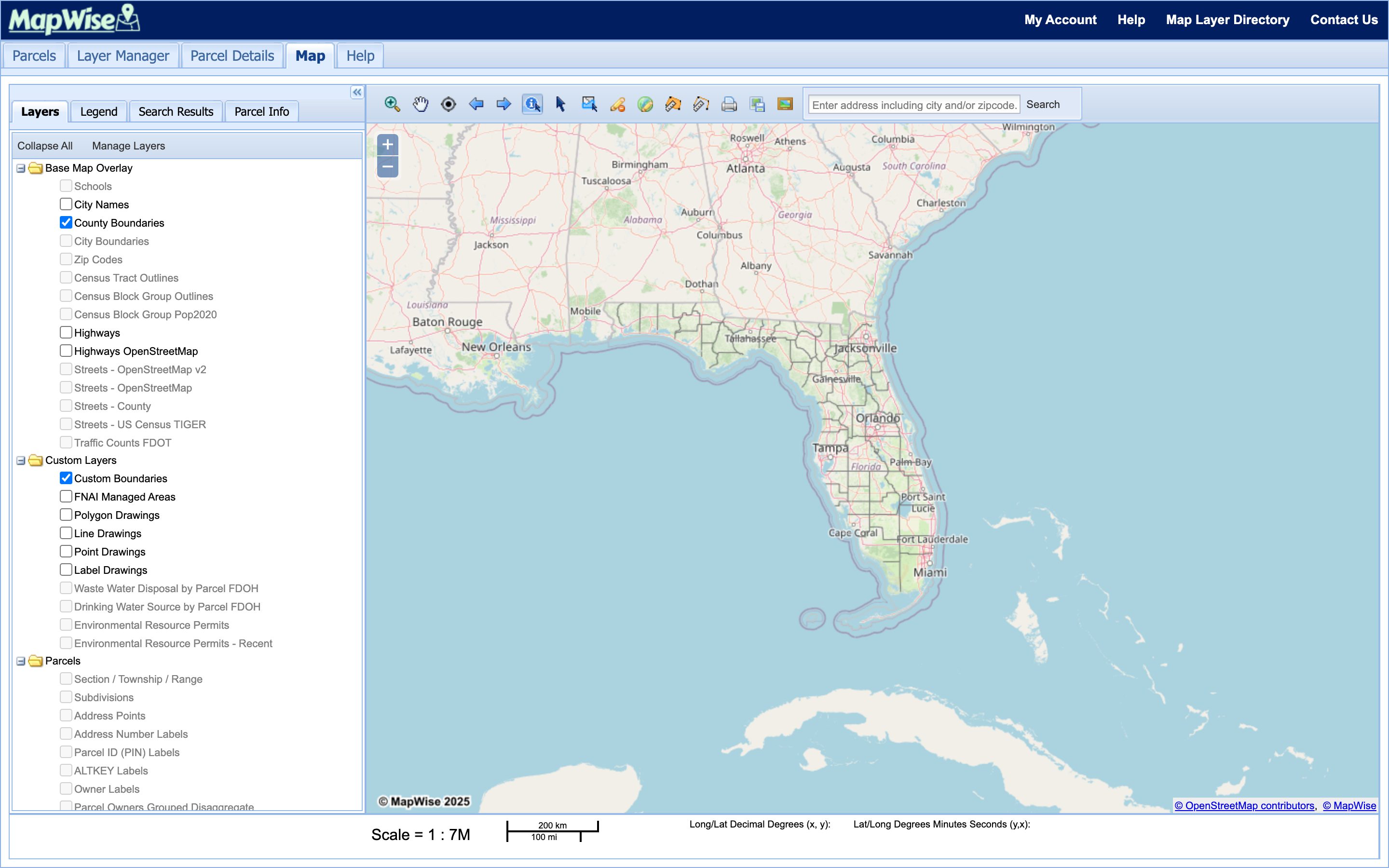 The MapWise GIS Map Viewer app shell, showing the taskbar with all 15 tools, the Layers panel on the left, and the map showing Florida.