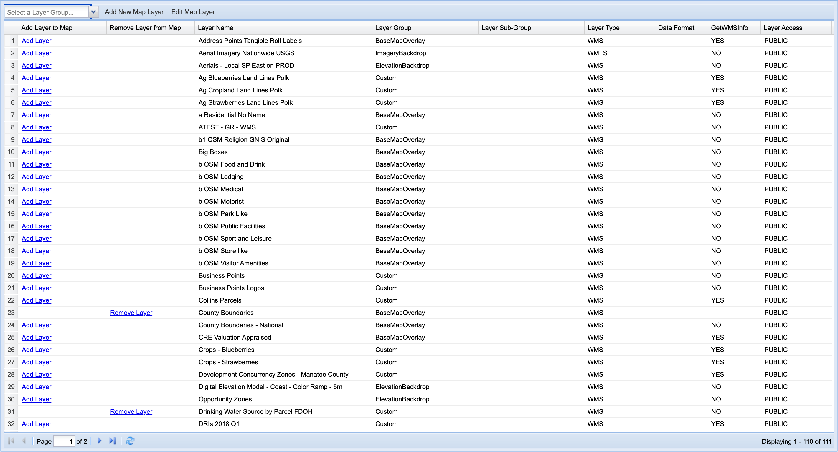 Available Map Layers grid in the MapWise Layer Manager, with the Select a Layer Group combo highlighted next to the Add New Map Layer and Edit Map Layer buttons.