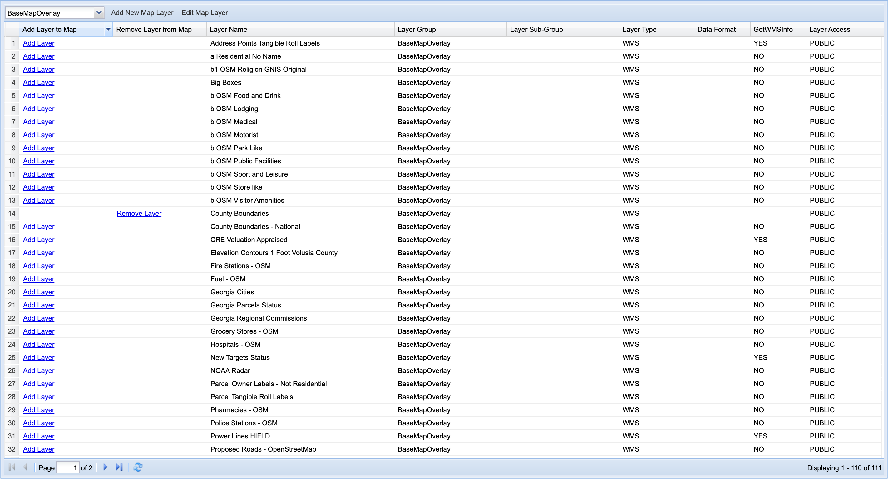 Available Map Layers grid filtered to the BaseMapOverlay group, showing only layers that belong to that group.