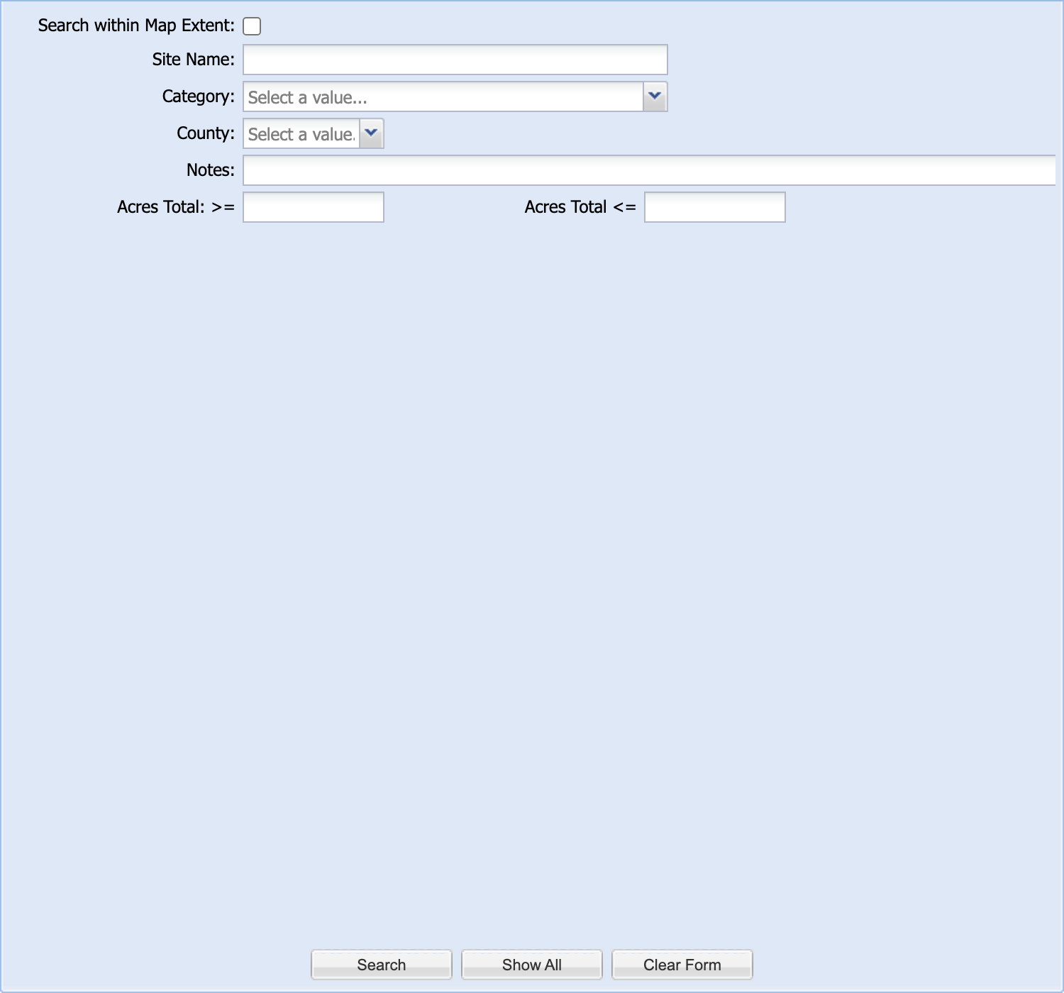 Custom Boundaries Search sub-tab with Site Name, Category, County, Notes, and Acres Total fields, and Search, Show All, and Clear Form buttons.