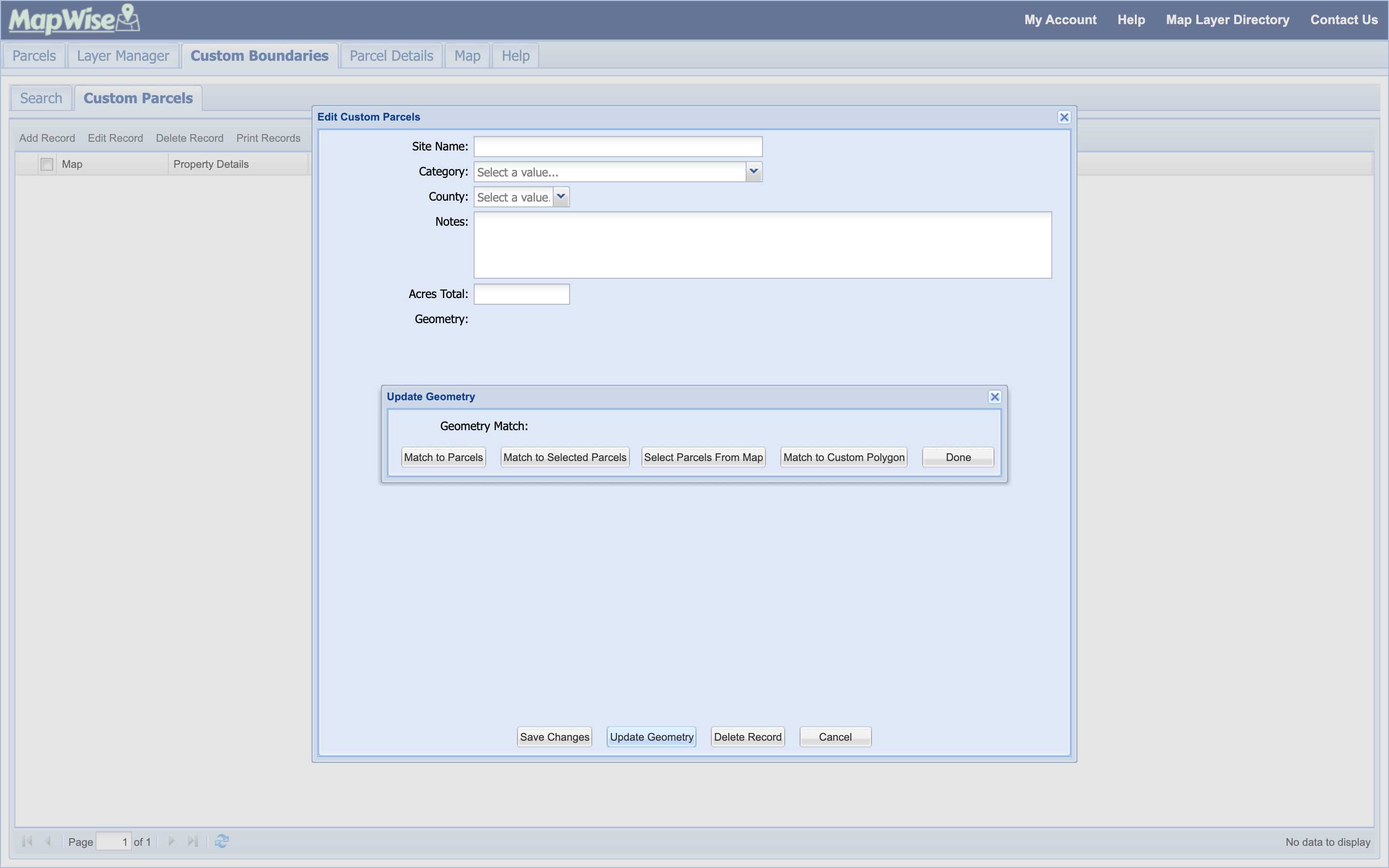 Update Geometry window with all four options: Match to Parcels, Match to Selected Parcels, Select Parcels From Map, and Match to Custom Polygon.