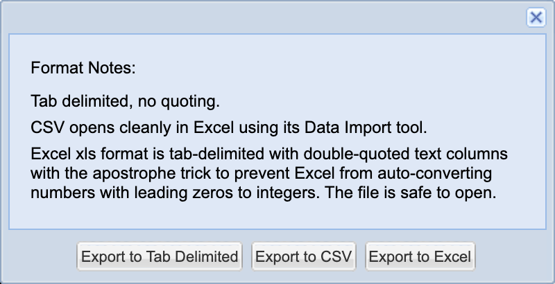 Export Records dialog for a Parcel Search results grid, showing the three format buttons (Export to Tab Delimited, Export to CSV, Export to Excel) and their format notes.