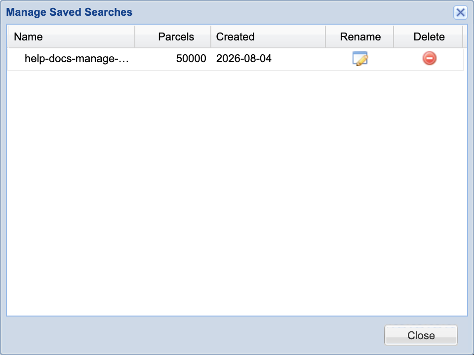 Manage Saved Searches window listing a saved search with its parcel count and creation date, plus Rename and Delete controls for each row.