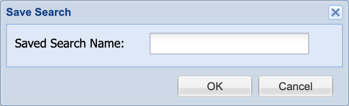 Save Search dialog with the Saved Search Name field, prompting for a name before saving the current Parcel Search results.