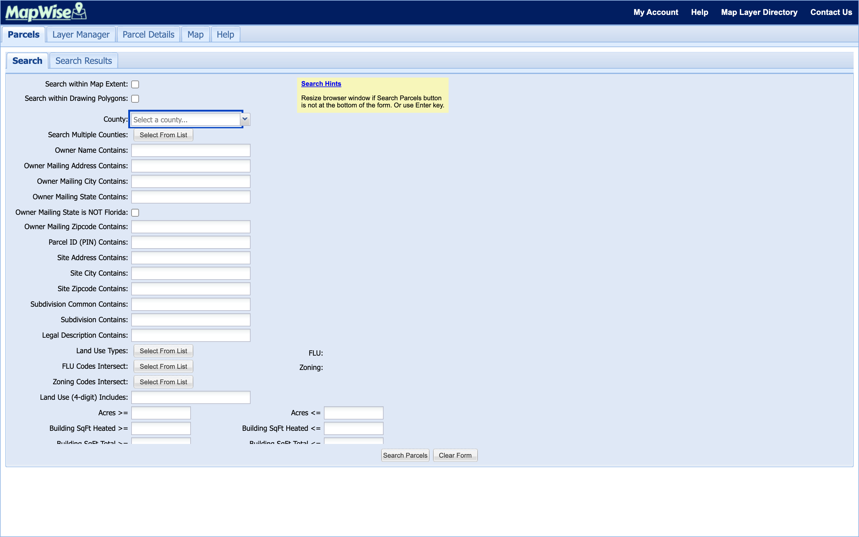 MapWise Parcel Search form with the County dropdown highlighted, showing the Search Multiple Counties button and the three land-use and zoning "Select From List" pickers below it.