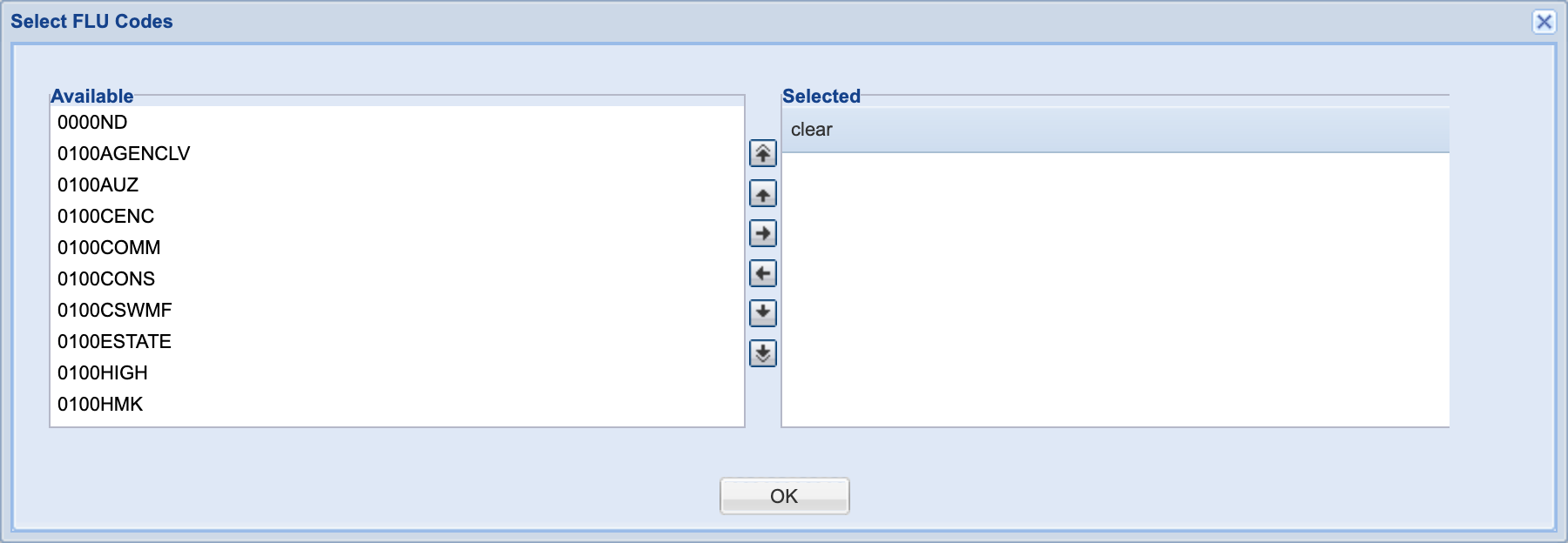 Select FLU Codes window open over the Parcel Search form, listing Alachua County's future land use codes in the Available column of a dual-list picker.