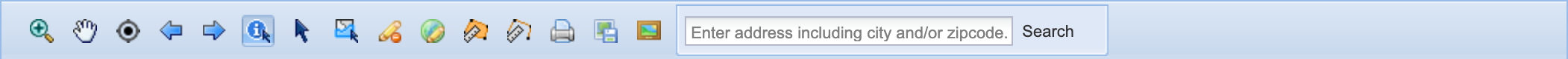 The MapWise GIS Map Viewer taskbar, showing all 15 icon buttons in order followed by the address search box.