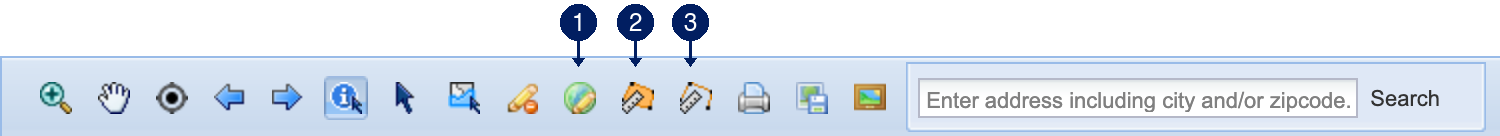 MapWise taskbar with numbered callouts: 1 Drawing Tools, 2 Measure Area, 3 Measure Distance.