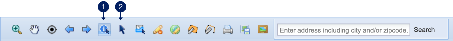 MapWise taskbar with numbered callouts: 1 Identify Map Feature (the i-tool), 2 Identify Parcel.