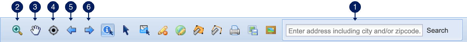 MapWise taskbar with numbered callouts: 1 the address search box, 2 Zoom In, 3 Pan, 4 Locate Me, 5 Previous Extent, 6 Next Extent.