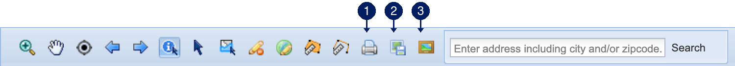 MapWise taskbar with numbered callouts: 1 Print Map, 2 Generate Image to Download, 3 Snapshot.