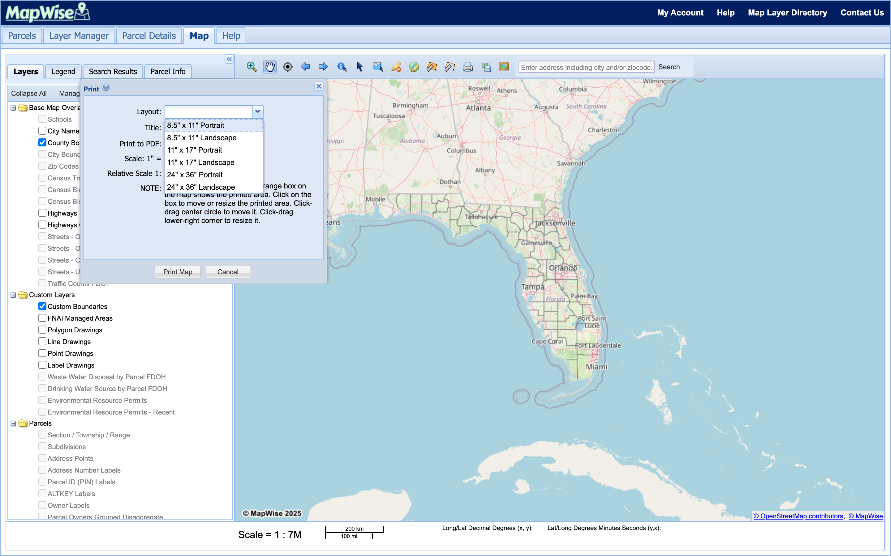 Print Map window open with the Layout dropdown expanded, listing all six page sizes from 8.5 x 11 Portrait to 24 x 36 Landscape.
