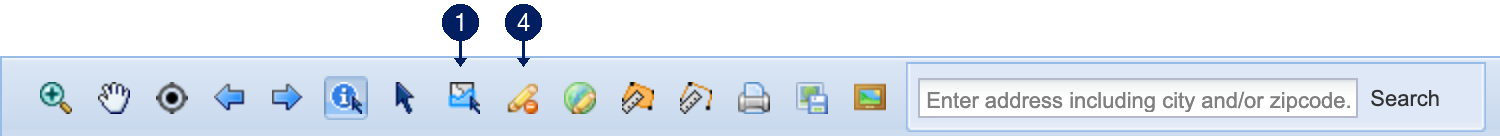 MapWise taskbar with numbered callouts matching the list below: 1 Select Parcels, 4 Clear Selected Parcels Graphics. Items 2 and 3 are in the Select Parcels toolbar shown further down.