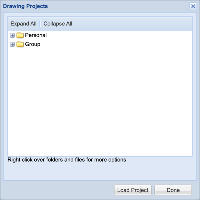 Drawing Projects window with the Personal and Group folders, used to create the project a logo point will belong to.