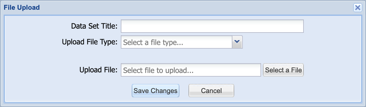 File Upload window with the Data Set Title field, Upload File Type dropdown, and Select a File button for choosing a zipped Shapefile or KML file.