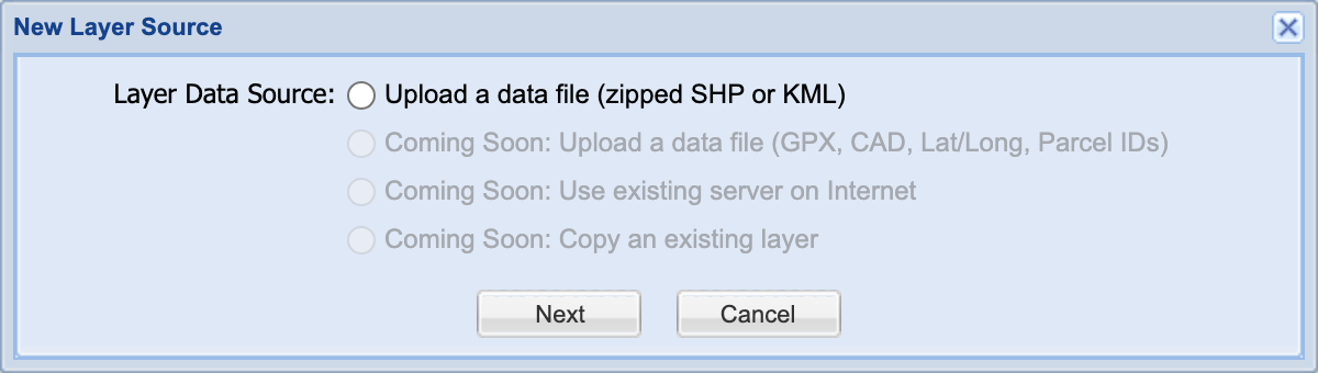 New Layer Source window in MapWise's Layer Manager, showing the live "Upload a data file (zipped SHP or KML)" option above three disabled Coming Soon options.