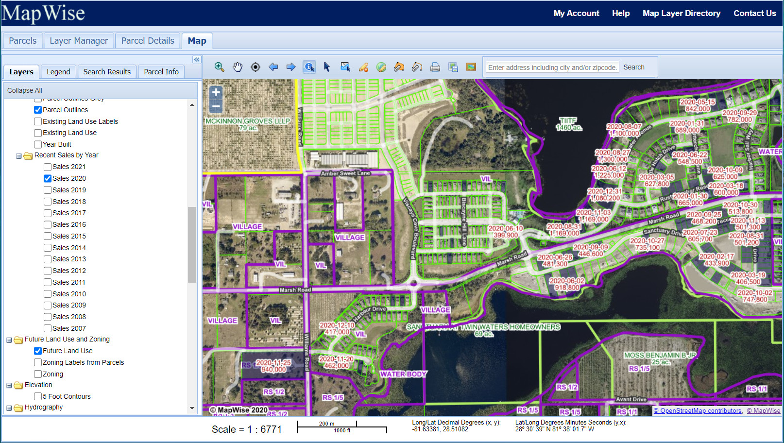 MapWise Map Viewer showing aerial photos, parcels, and large parcels aggregated by owner name