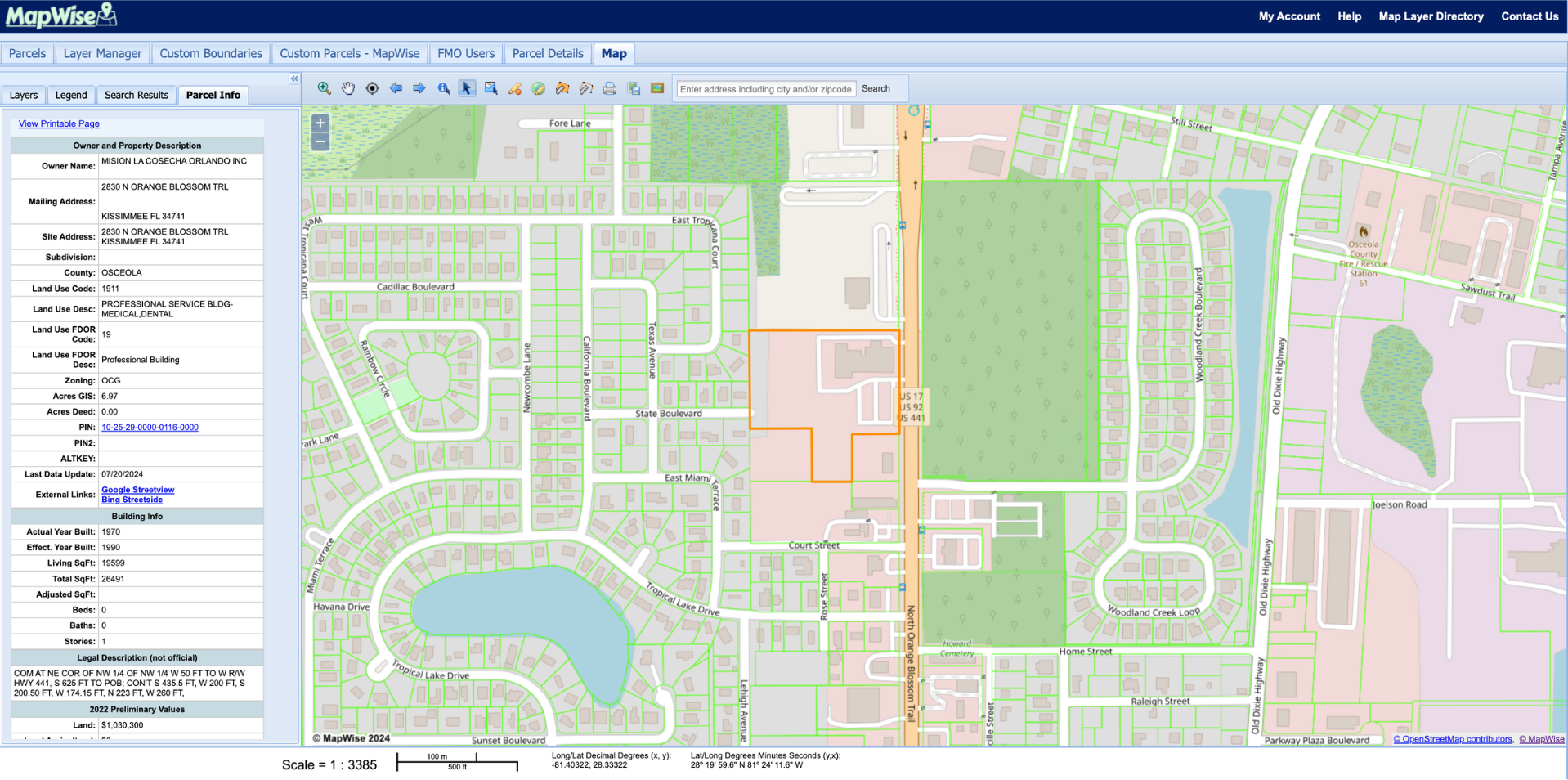 Grouped ownership view showing colored parcels with recent sales and future land use